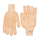 Two textured, light peach-colored gloves.