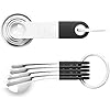 A set of five white plastic measuring spoons with the following approximate sizes: 1 tablespoon, 1/2 tablespoon, 1 teaspoon, 1/2 teaspoon, 1/4 teaspoon.