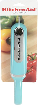 KitchenAid Classic Euro Peeler in Aqua Sky with swivel stainless steel blade and ergonomic handle, shown on a white background.