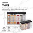 Clear plastic Farberware BBQ Slim Spice Set featuring six labeled compartments containing cumin (ground), granulated garlic, chopped onion, paprika (ground), ground black pepper, and fine sea salt, all neatly organized in a slim, clear holder with black lids.