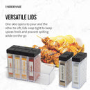 Clear plastic Farberware BBQ Slim Spice Set featuring six labeled compartments containing cumin (ground), granulated garlic, chopped onion, paprika (ground), ground black pepper, and fine sea salt, all neatly organized in a slim, clear holder with black lids.