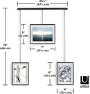 A modern black frame photo display featuring three frames suspended from a horizontal bar by thin rods.