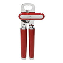 Red handled KitchenAid can opener with a silver cutting mechanism and bottle opener.