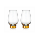 Set of two tall white wine goblets with gold column stems by Godinger on a white background.