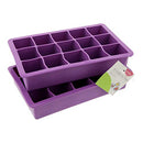 Two purple silicone ice cube trays, possibly Elbee Home brand, with one showing 15 individual square cube cavities.