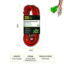 Go Green Power Inc. 16/3 25ft Outdoor Extension Cord with Lighted End - Contractor Grade, Durable, and Moisture Resistant - Ideal for Heavy Duty Tools - GG-13725