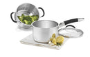 Stainless steel saucepan with lid and a colander full of broccoli.
