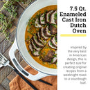 Beautiful white Dutch oven with excellent heat retention, featuring a secure lid and comfortable handles.