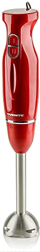  Red OVENTE immersion hand blender with stainless steel shaft and ergonomic handle on a white background.