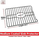 Two rectangular sink protector grids in a black finish, designed to fit in a kitchen sink, each with a central oval cutout for the drain and slightly raised feet, shown side-by-side.