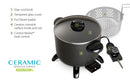 Presto black multi-cooker/steamer with glass lid and basket on a white background.
