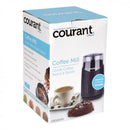 Black electric coffee grinder with a clear lid, featuring a textured body.