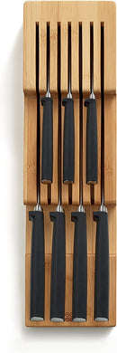Joseph Joseph bamboo knife organizer with two tiers holding up to 9 knives, displayed on a white background.