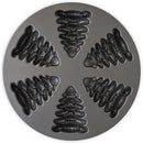 Silver Nordic Ware cakelet pan featuring small fir tree molds, displayed on a white background.