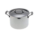 A polished stainless steel 8-quart stockpot with matching lid and riveted handles, displayed on a white background.