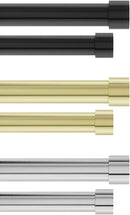 Two brushed brass curtain rods, one thicker and one thinner, both with simple, cylindrical end caps.
