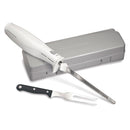 White Hamilton Beach electric knife set with stainless steel blades, fork, and storage case, displayed on a white background.