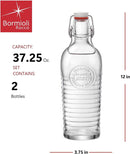 Two ribbed glass bottles from Bormioli Rocco's Officina series, featuring embossed detailing and hermetic swing-top lids.