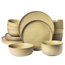 Cream-colored 16-piece stoneware dinnerware set with dinner plates, salad plates, soup bowls, and smaller bowls on a white background.