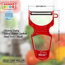 Red Y-peeler with "Heavy Duty, Ultra Sharp Carbon Steel Swiss Blade" and "Easy Grip." Kosher-certified.