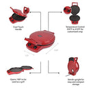 Red electric pizza maker with a cooked pizza inside, lid open, and controls visible.