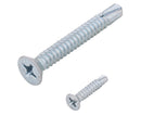 Silver self-drilling screws with a Phillips flat head and a sharp drill tip. Designed for fastening metal or wood without the need for pre-drilling.