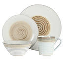 Taupe stoneware dinnerware set with spiral embossed design, featuring plates, bowls, and mugs arranged on a white background.