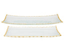 Rectangular glass serving tray with a gold rim and textured surface, measuring 18.5 by 7.5 inches, on a white background.