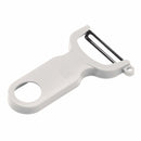 A Kuhn Rikon Swiss Peeler with a white handle, angled slightly from the top right. The handle is ergonomic with a circular hole for hanging at the end and a smaller hole near the top, where the swiveling metal blade is attached. The brand name "KUHN RIKON SWISS MADE" is embossed on the handle. The peeler is set against a plain white background.