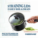 A 3-quart capacity saucepan by Farberware, featuring a nonstick surface, an aluminum body, and a tempered glass lid.