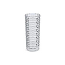 A clear, cylindrical glass vase or drinking glass with a textured, woven basket-like pattern covering its entire surface, set against a white background.