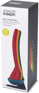 Colorful 5-piece Joseph Joseph kitchen utensil set stacked vertically on a magnetic storage stand, shown on a white background.