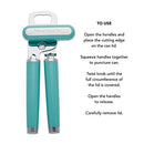 Teal handled KitchenAid can opener with a silver cutting mechanism and bottle opener.