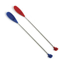 Set of two Norpro Silicone Last Drop Spatulas, one with a blue silicone head and handle grip, and the other with a red silicone head and handle grip, both featuring long stainless steel handles and small, uniquely shaped heads designed to reach the bottom of jars.