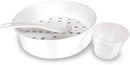 Hamilton Beach steaming basket, rice paddle, measuring container, shown on a white background.