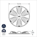 Dimensions for Silver Nordic Ware cakelet pan featuring small fir tree molds, displayed on a white background.