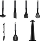 Joseph Joseph gray nylon utensil set with rotating carousel stand on a white background.