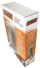 White EZ-HEAT Deluxe heater, an oil-filled radiator designed to provide consistent warmth, equipped with controls and wheels.