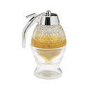 Clear beehive-shaped glass honey dispenser with a chrome lid and handle, resting in a matching glass base, shown on a white background.
