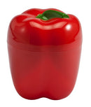 Red Hutzler Pepper Saver container shaped like a bell pepper on a white background.