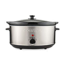 Stainless steel slow cooker with black lid and control dial.
