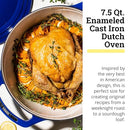 Beautiful blue Dutch oven with excellent heat retention, featuring a secure lid and comfortable handles.