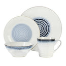 Per person: 4-piece blue stoneware dinnerware set including four dinner plates, four dessert plates, four bowls, and four mugs, arranged neatly on a white background.