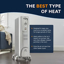 Light gray DeLonghi oil-filled radiator space heater with wheels and integrated handle