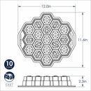 Dimensions for Nordic Ware toffee-colored honeycomb pull-apart Bundt pan with hexagonal cake molds on a white background.