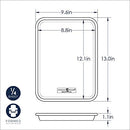 DImensions for Nordic Ware natural aluminum quarter sheet pan with a clear plastic lid on a white background.