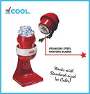 Red snow cone maker with a colorful paper cone.
