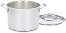 A polished stainless steel 8-quart stockpot with matching lid and riveted handles, displayed on a white background.