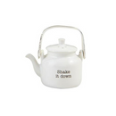 Single kettle-shaped ceramic shaker with "Shake It Down" text on a white background.