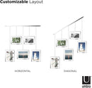 A modern silver photo display featuring five square frames hanging from a horizontal bar by thin rods.